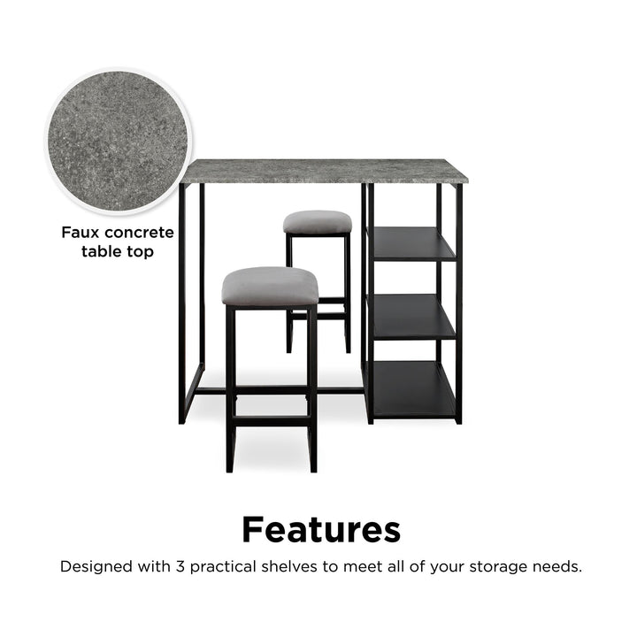 Oakleigh 3-Piece Metal Pub Set with Faux Concrete Top - Black / grey