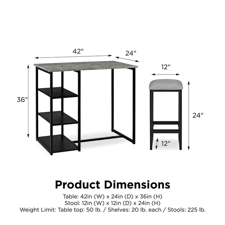 Oakleigh 3-Piece Metal Pub Set with Faux Concrete Top - Black / grey
