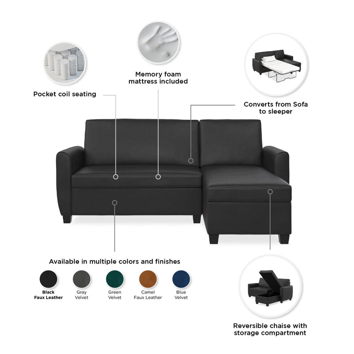 Noah Sectional Sofa Bed with Storage and Reversible Chaise - Black - Twin
