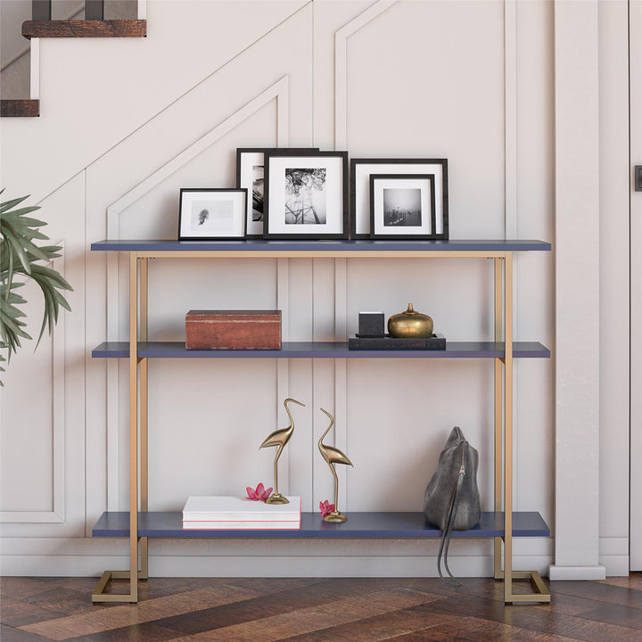 Olten Console Sofa Table with 3 Open Shelves and Metal Frame - Navy