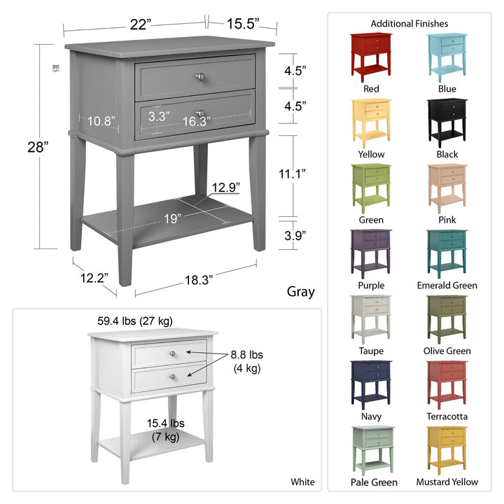 Franklin Nightstand Table with 2 Drawers and Lower Shelf - Pale Green