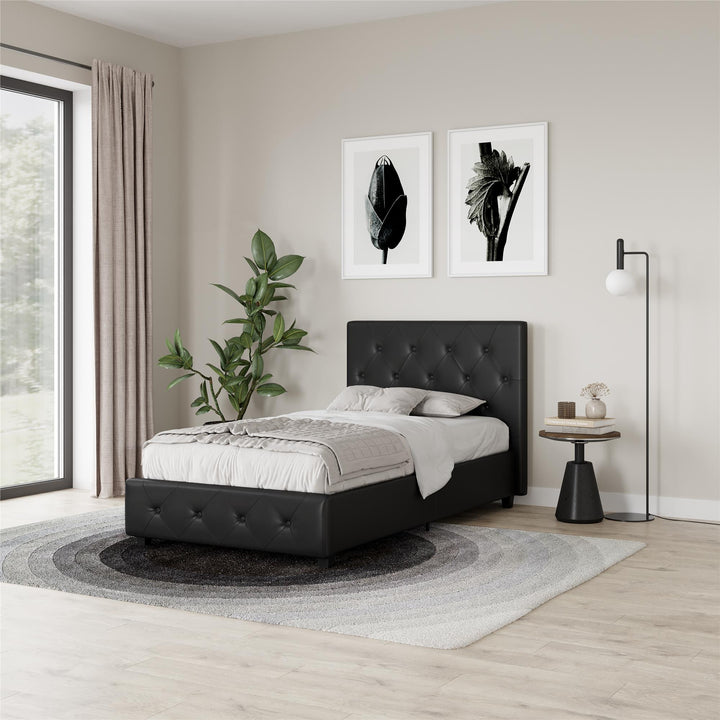 Dakota Upholstered Bed with Left Or Right Storage Drawers - Black Faux Leather - Twin