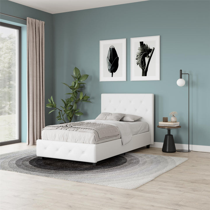 Dakota Upholstered Bed with Left Or Right Storage Drawers - White Faux leather - Twin