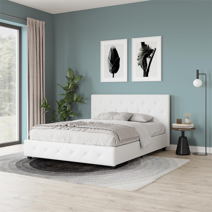 Dakota Upholstered Bed with Left Or Right Storage Drawers - White Faux leather - Queen