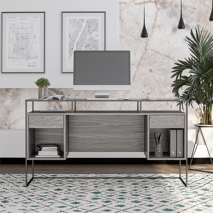 Camley Modern Desk with Fluted Glass Top, 2 Drawers and Storage - Gray Oak