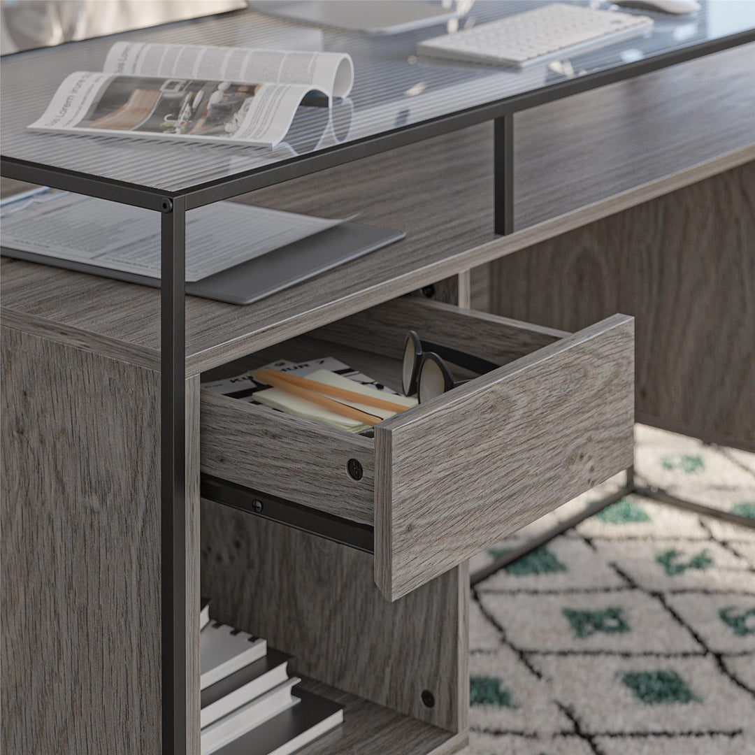 Camley Modern Desk with Fluted Glass Top, 2 Drawers and Storage - Gray Oak