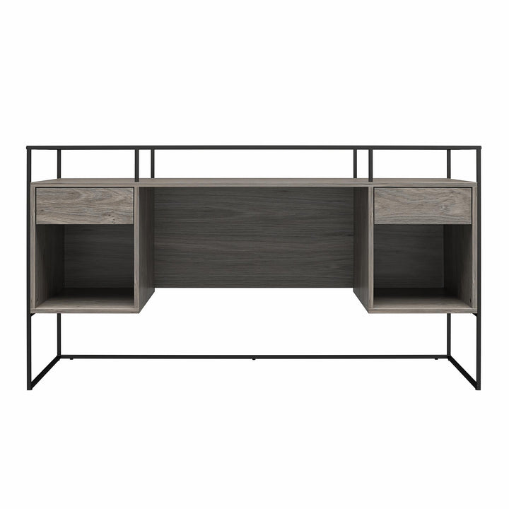 Camley Modern Desk with Fluted Glass Top, 2 Drawers and Storage  -  Gray Oak