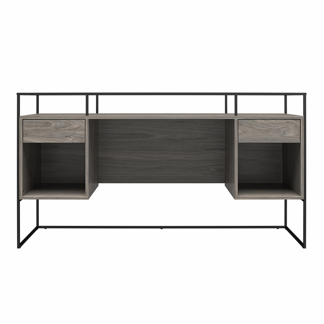 Camley Modern Desk with Fluted Glass Top, 2 Drawers and Storage - Gray Oak