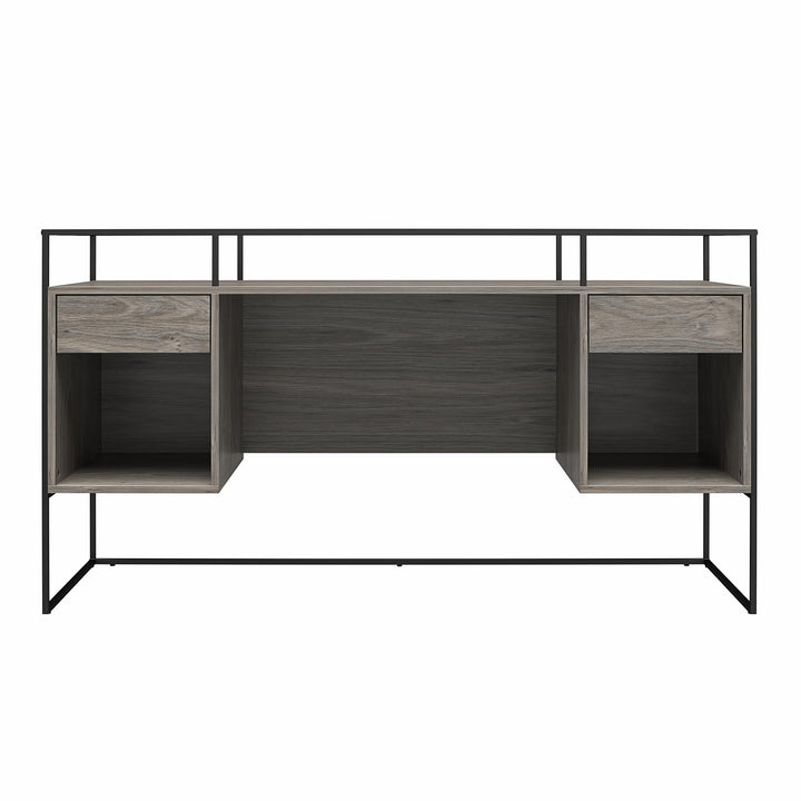 Camley Modern Desk with Fluted Glass Top, 2 Drawers and Storage - Gray Oak