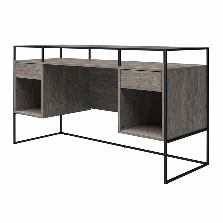 Camley Modern Desk with Fluted Glass Top, 2 Drawers and Storage - Gray Oak