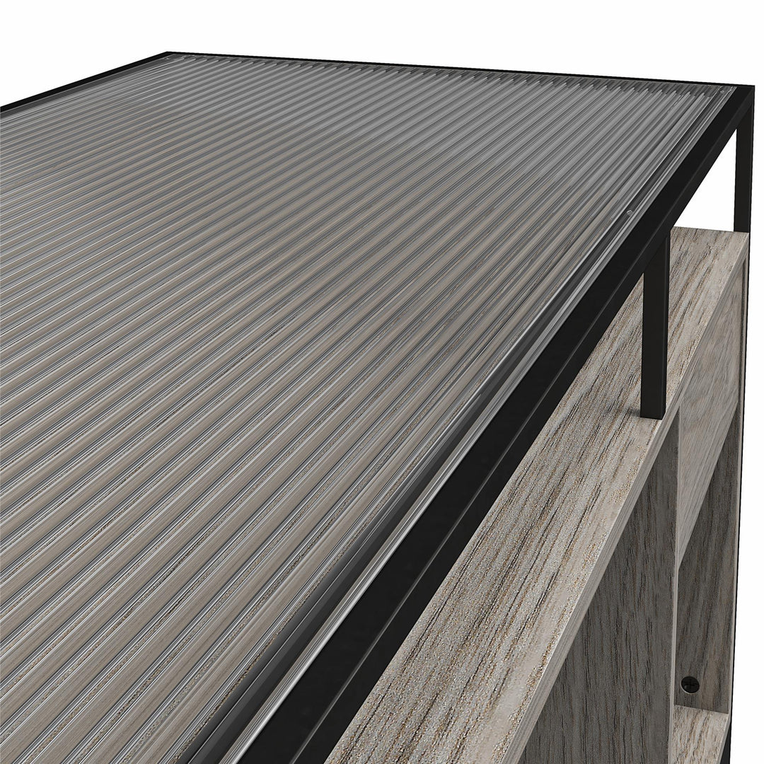 Camley Modern Desk with Fluted Glass Top, 2 Drawers and Storage - Gray Oak