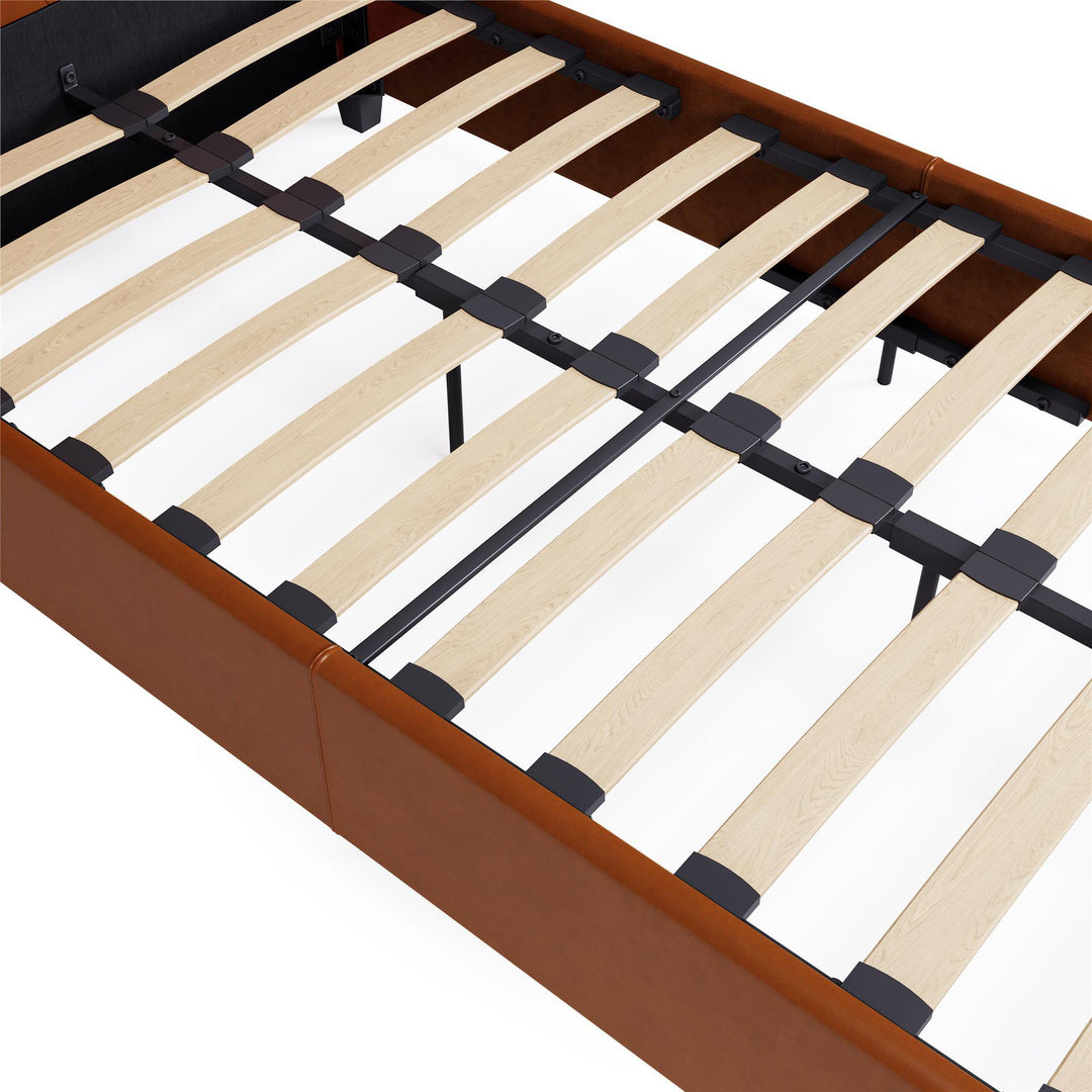 Dakota Upholstered Platform Bed With Diamond Button Tufted Heaboard - Camel Faux Leather - Twin