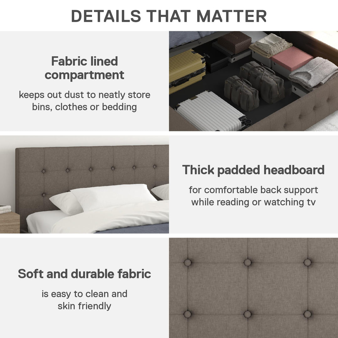Cambridge Upholstered Bed with Gas Lift Storage Compartment - Grey Linen - King