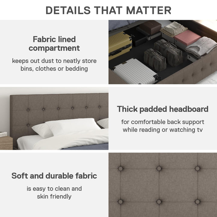 Cambridge Upholstered Bed with Gas Lift Storage Compartment - Grey Linen - King