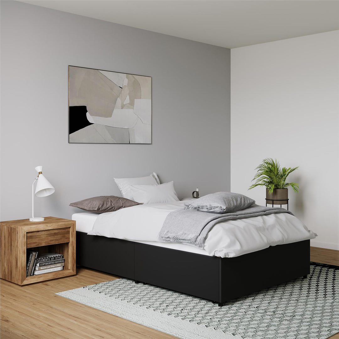 Stylish Maven Platform Bed with Rollout Drawers -  Black Faux Leather 