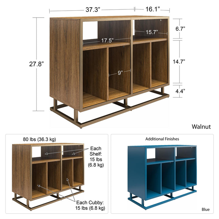 Regal Double Wide Record Station with 6 Open Cubbies - Blue