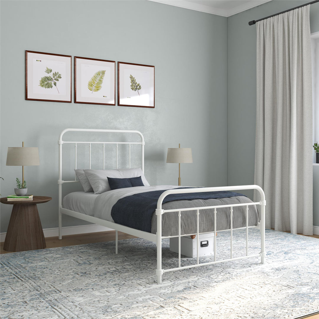 Wallace Spindle Metal Bed with Elegant Curves and Slats - White - Twin