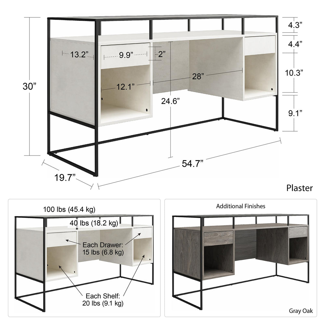 Camley Modern Desk with Fluted Glass Top, 2 Drawers and Storage - Gray Oak