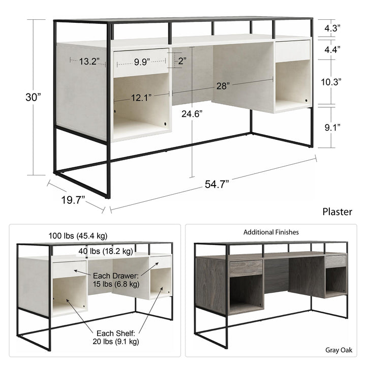 Camley Modern Desk with Fluted Glass Top, 2 Drawers and Storage - Gray Oak