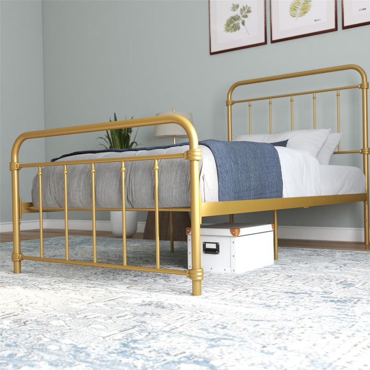 Wallace Spindle Metal Bed with Elegant Curves and Slats - Gold - Twin