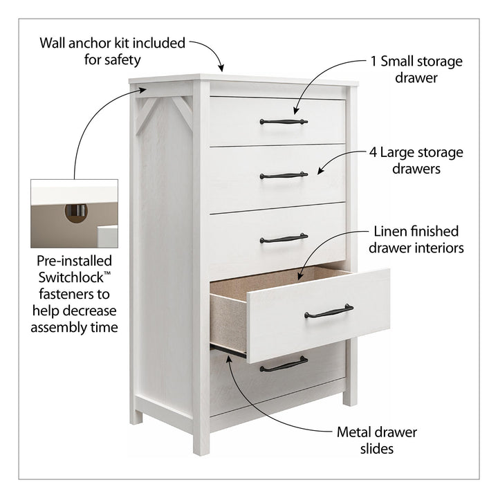 Augusta 5 Drawer Tall Dresser with Easy SwitchLock™ Assembly - Ivory Oak