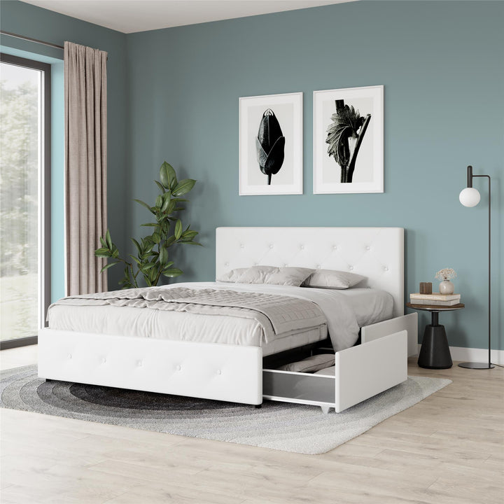 Dakota Upholstered Bed with Left Or Right Storage Drawers - White Faux leather - Queen