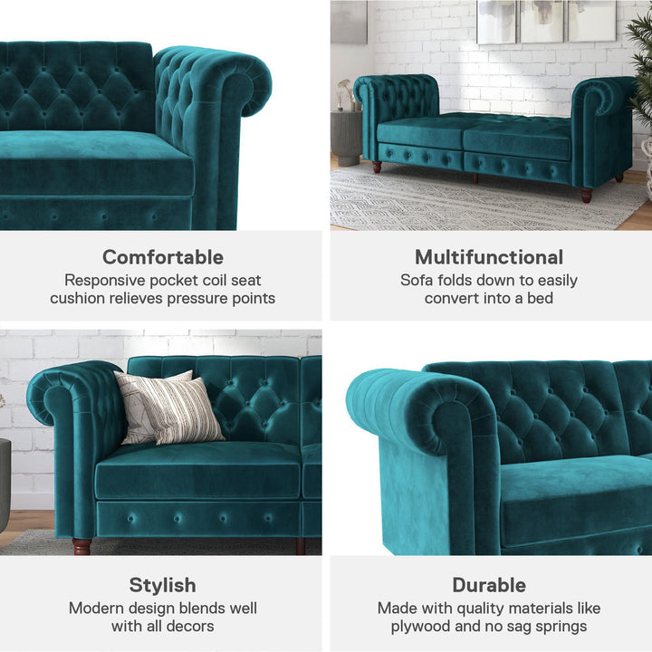 Felix Chesterfield Futon in Velvet Upholstery with Victorian Wood Padded Legs - Green