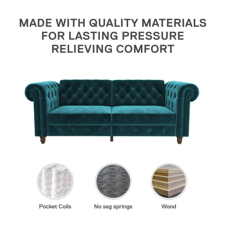 Felix Chesterfield Futon in Velvet Upholstery with Victorian Wood Padded Legs - Green