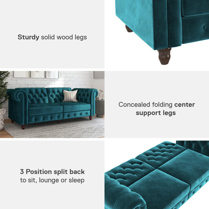 Felix Chesterfield Futon in Velvet Upholstery with Victorian Wood Padded Legs - Green