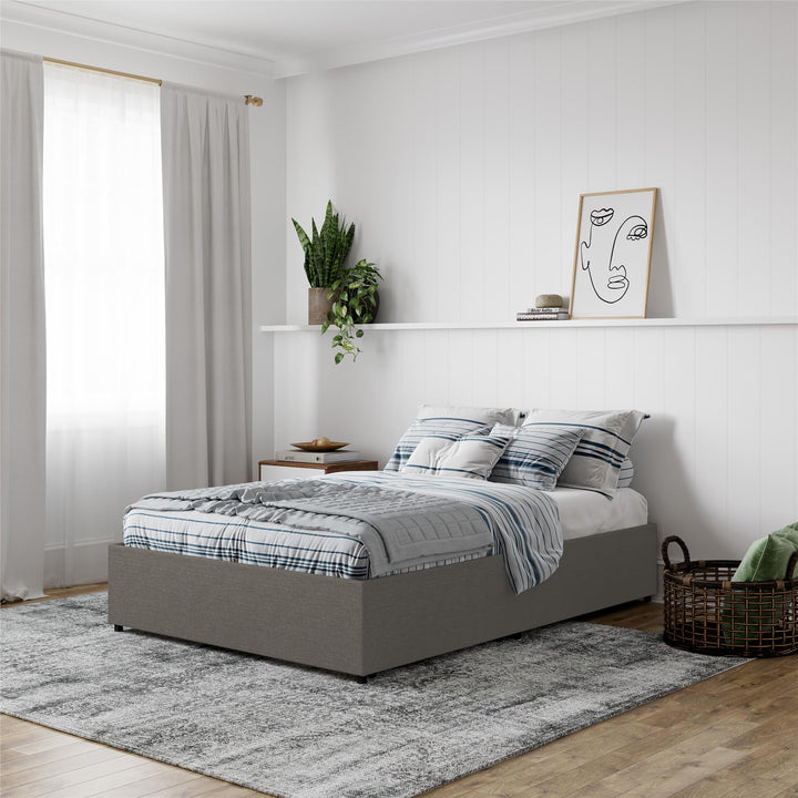 Maven Platform Bed with 2 Rollout Drawers for Storage  -  Grey Linen 