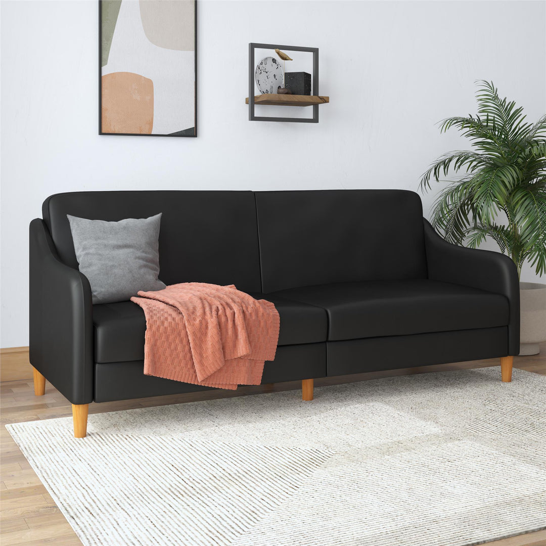 Jasper Coil Futon with Linen or Faux Leather Upholstery and Round Wood Legs - Black