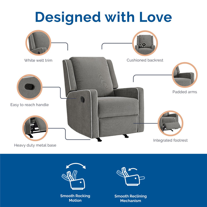 White Trim Detail Upholstered Rocker Recliner Chair Robyn -  Graphite Grey