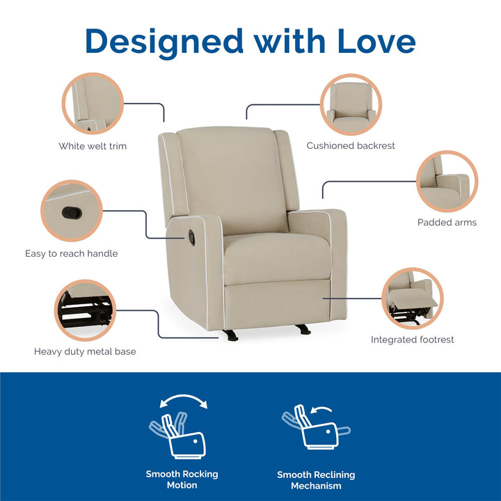 Robyn Rocker Recliner Chair with White Trim Detail Upholstered -  Beige