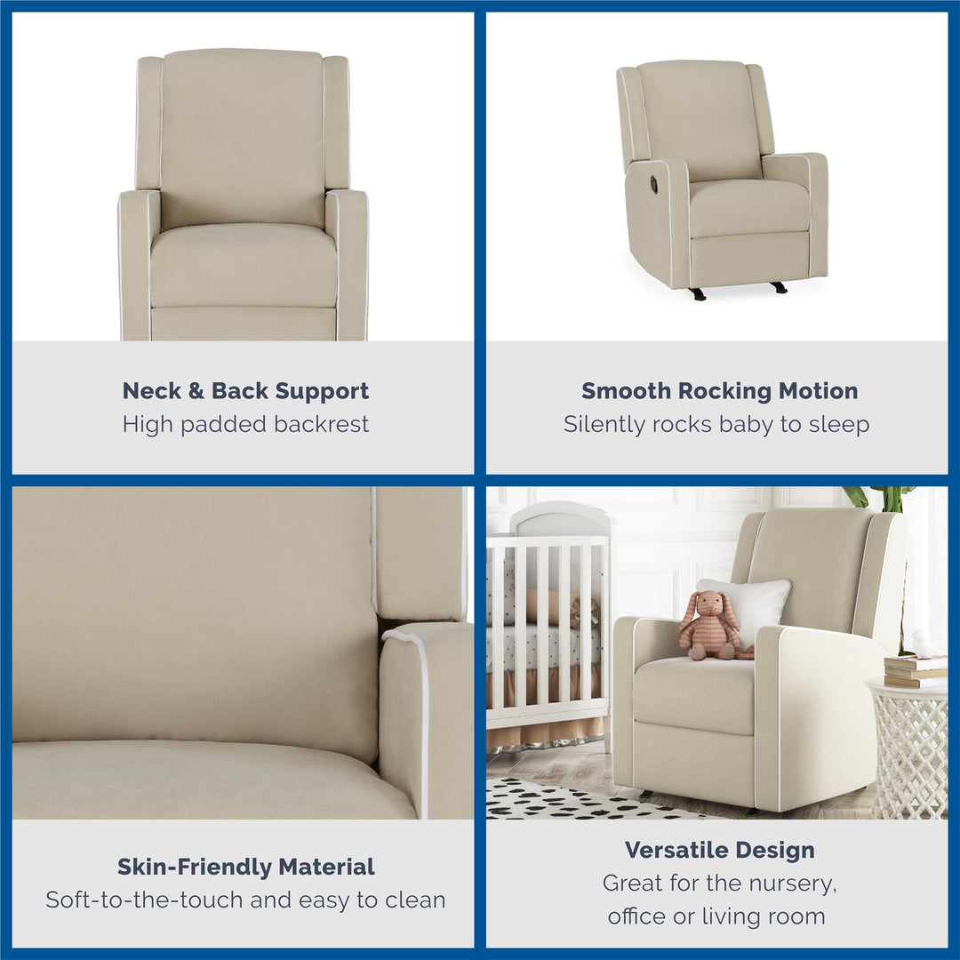 Recliner Chair Rocker Upholstered with White Trim Detail Robyn -  Beige