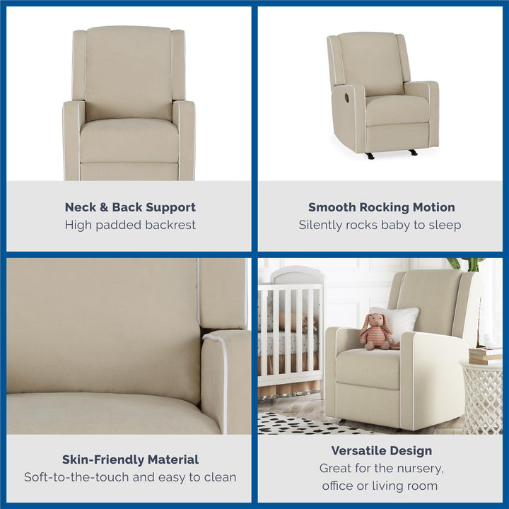 Recliner Chair Rocker Upholstered with White Trim Detail Robyn -  Beige