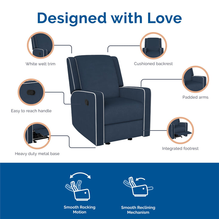 Rocker Recliner Chair Upholstered with White Trim Detail Robyn -  Navy