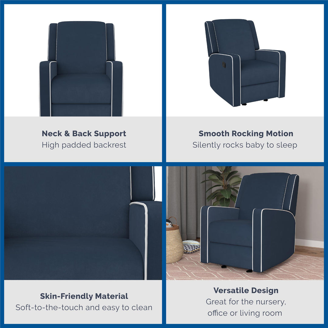 Robyn Rocker Recliner Chair Upholstered with White Trim Detail -  Navy
