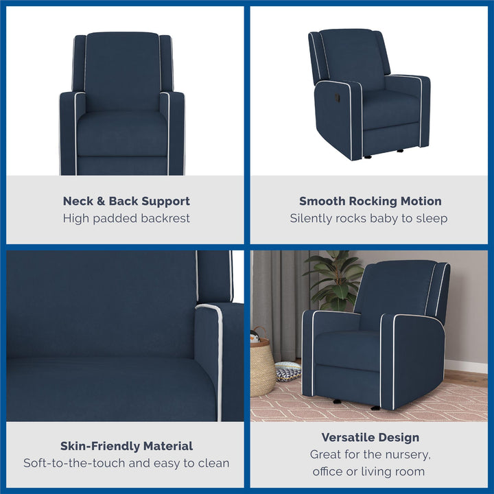 Robyn Rocker Recliner Chair Upholstered with White Trim Detail -  Navy