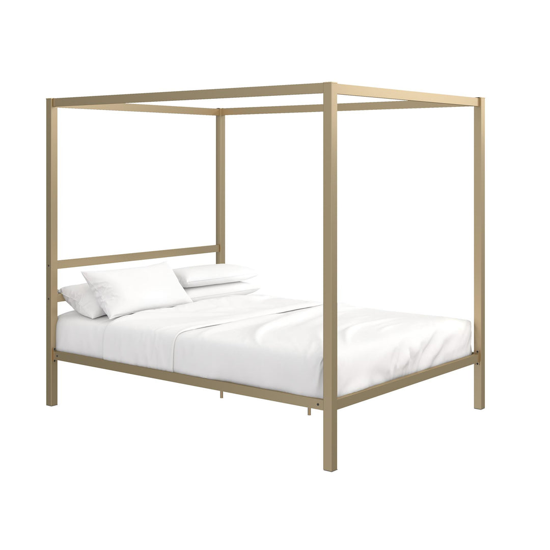 Modern Metal Canopy Bed with Sleek Built-In Headboard - Gold - Queen