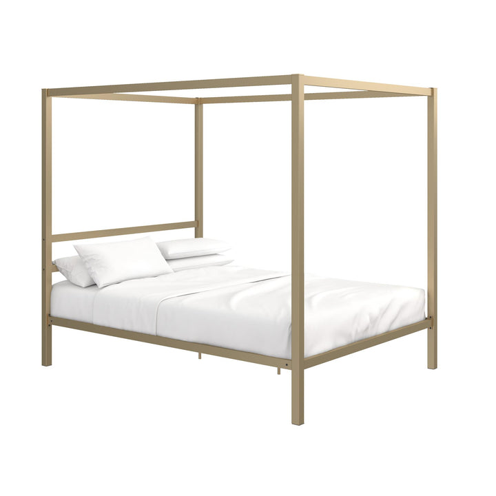 Modern Metal Canopy Bed with Sleek Built-In Headboard - Gold - Queen