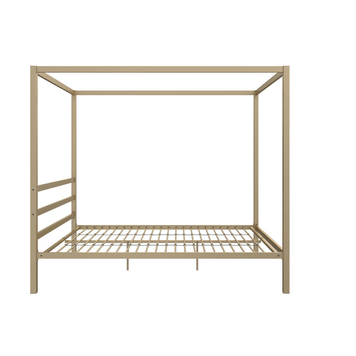 Modern Metal Canopy Bed with Sleek Built-In Headboard - Gold - Queen