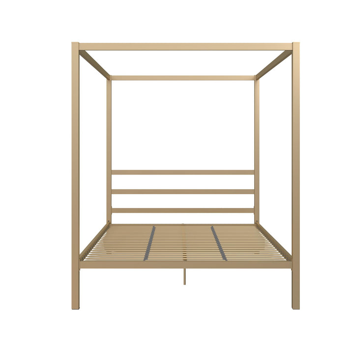 Modern Metal Canopy Bed with Sleek Built-In Headboard - Gold - Queen
