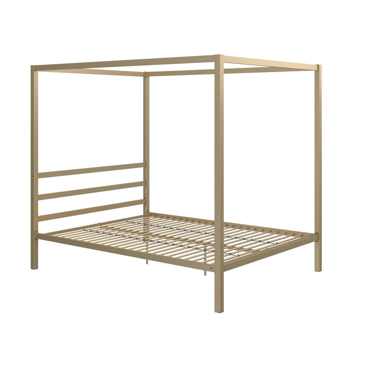 Modern Metal Canopy Bed with Sleek Built-In Headboard - Gold - Queen