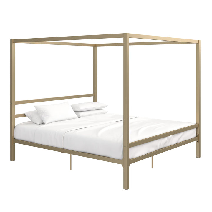 Modern Metal Canopy Bed with Sleek Built-In Headboard - Gold - King