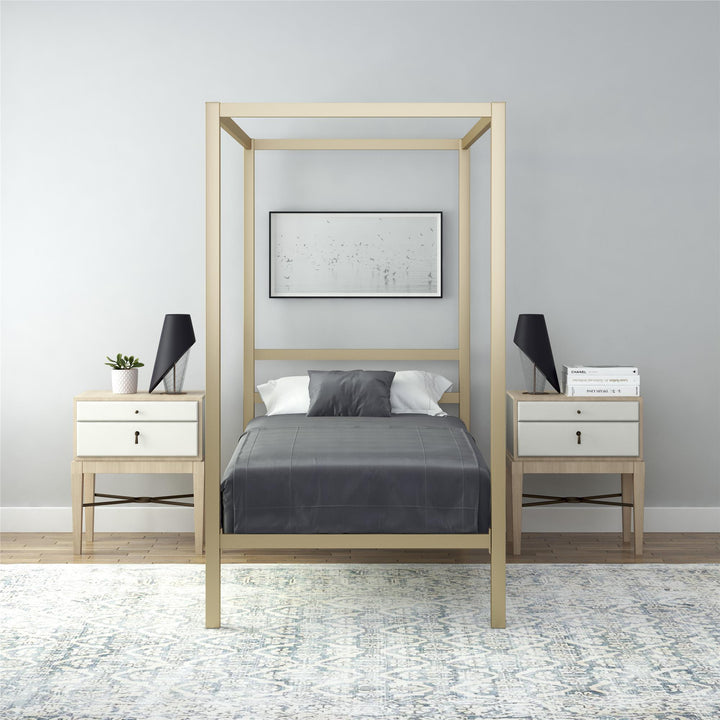Modern Metal Canopy Bed with Sleek Built-In Headboard - Gold - Twin