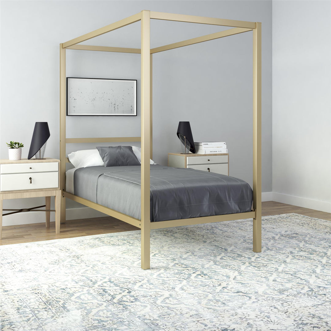 Modern Metal Canopy Bed with Sleek Built-In Headboard - Gold - Twin