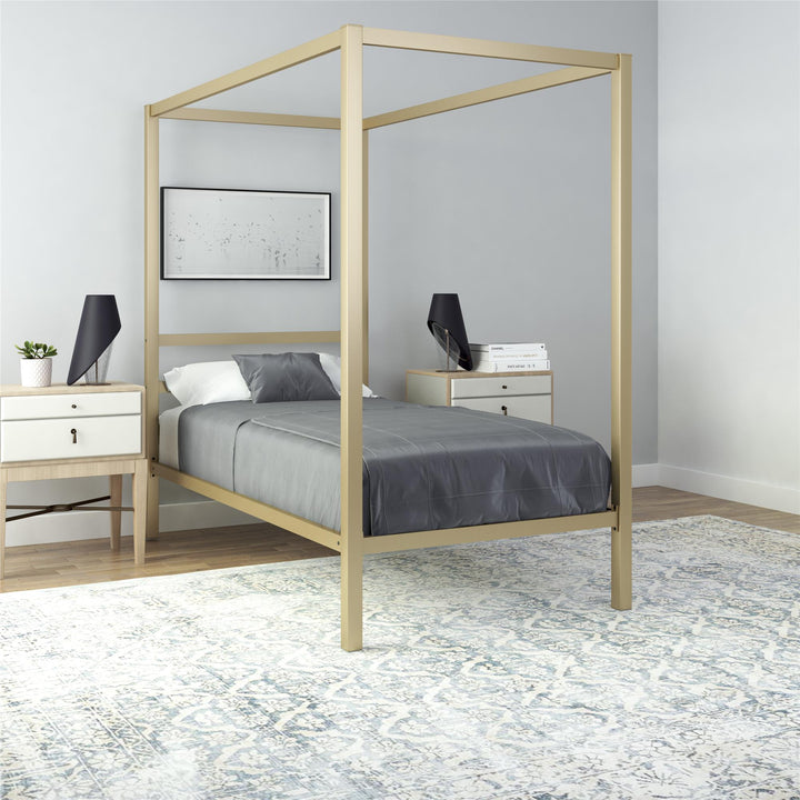 Modern Metal Canopy Bed with Sleek Built-In Headboard - Gold - Twin
