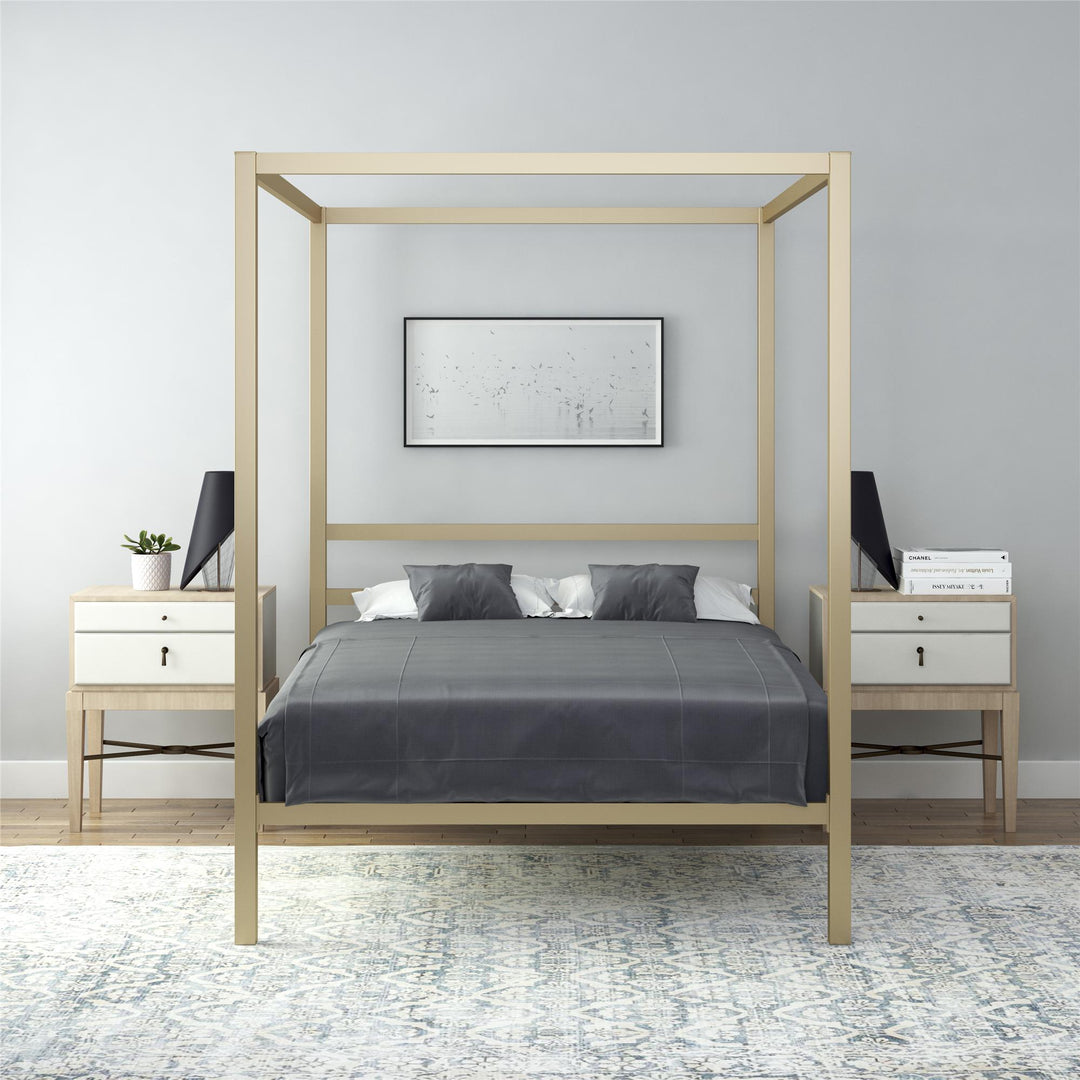 Modern Metal Canopy Bed with Sleek Built-In Headboard - Gold - Full
