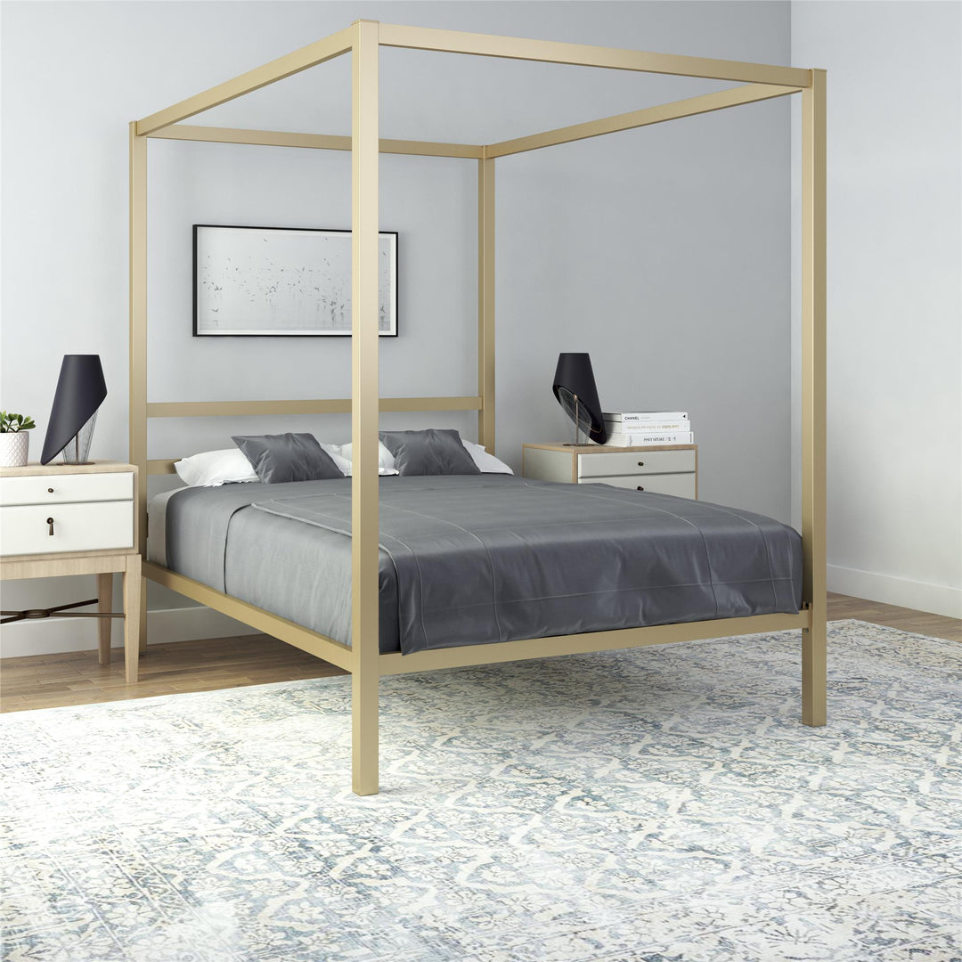 Modern Metal Canopy Bed with Sleek Built-In Headboard - Gold - Queen