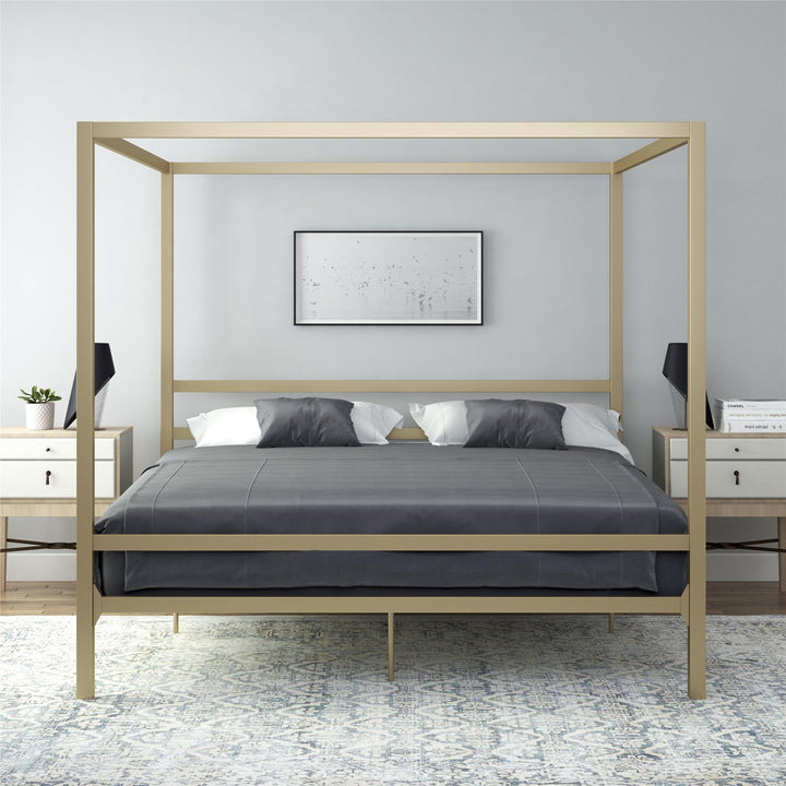 Modern Metal Canopy Bed with Sleek Built-In Headboard - Gold - King